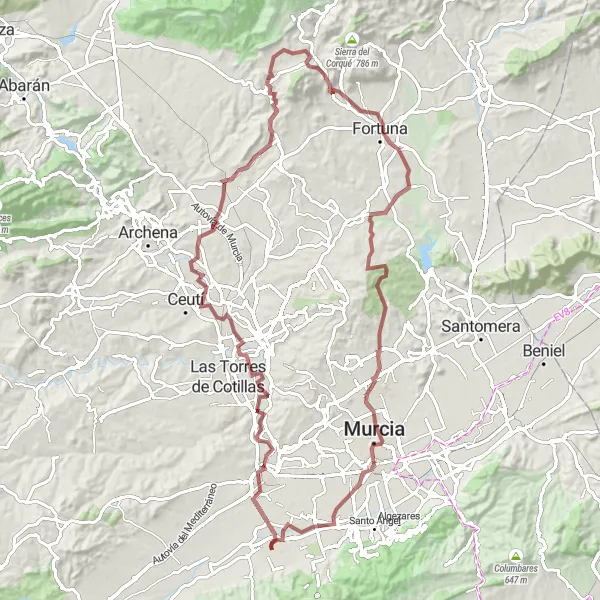 Map miniature of "Sangonera la Verde to Aljucer Scenic Gravel Ride" cycling inspiration in Región de Murcia, Spain. Generated by Tarmacs.app cycling route planner