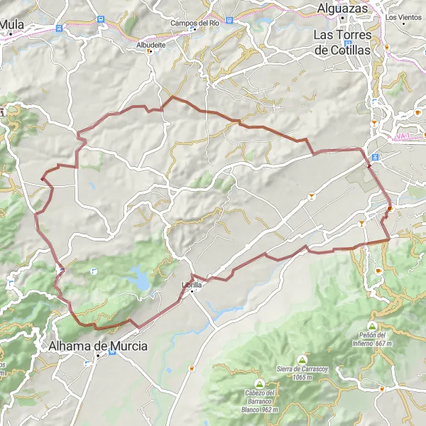 Map miniature of "Librilla Castle & Alhama Castle Loop" cycling inspiration in Región de Murcia, Spain. Generated by Tarmacs.app cycling route planner