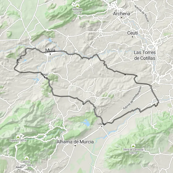 Miniatura mapy "Trasa szosowa przez Pliego i Mula" - trasy rowerowej w Región de Murcia, Spain. Wygenerowane przez planer tras rowerowych Tarmacs.app