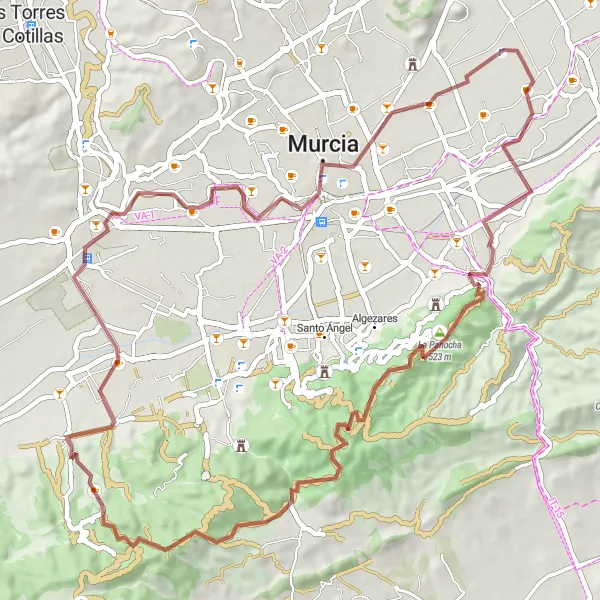 Map miniature of "Beniaján - La Panocha - Relojero - Pico del Aguila - Torre Guil - Alcantarilla - Murcia Route" cycling inspiration in Región de Murcia, Spain. Generated by Tarmacs.app cycling route planner