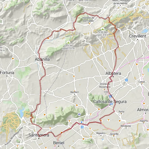 Miniatura della mappa di ispirazione al ciclismo "Esplorazione in bicicletta tra Abanilla e Orihuela" nella regione di Región de Murcia, Spain. Generata da Tarmacs.app, pianificatore di rotte ciclistiche