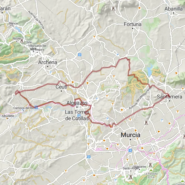 Miniatura della mappa di ispirazione al ciclismo "Mountain Challenge to Pico Bermejo" nella regione di Región de Murcia, Spain. Generata da Tarmacs.app, pianificatore di rotte ciclistiche
