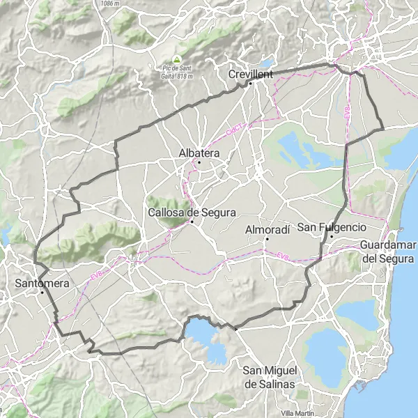 Miniatura della mappa di ispirazione al ciclismo "Giro in bicicletta da Crevillent a Zeneta" nella regione di Región de Murcia, Spain. Generata da Tarmacs.app, pianificatore di rotte ciclistiche