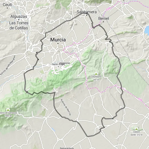 Map miniature of "Pico del Aguila Challenge" cycling inspiration in Región de Murcia, Spain. Generated by Tarmacs.app cycling route planner