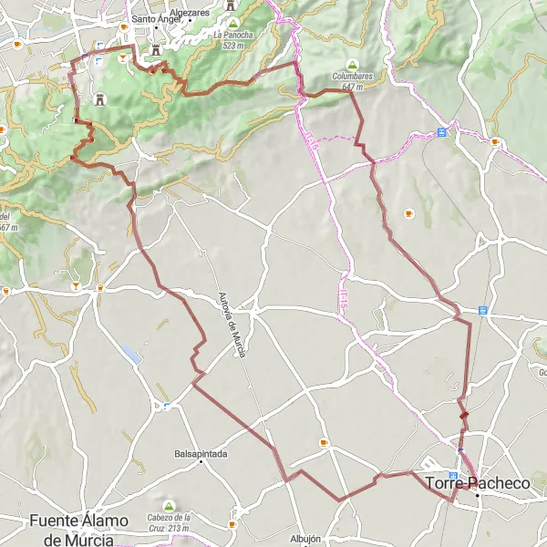Miniatura della mappa di ispirazione al ciclismo "Gravel Route around Torre-Pacheco" nella regione di Región de Murcia, Spain. Generata da Tarmacs.app, pianificatore di rotte ciclistiche