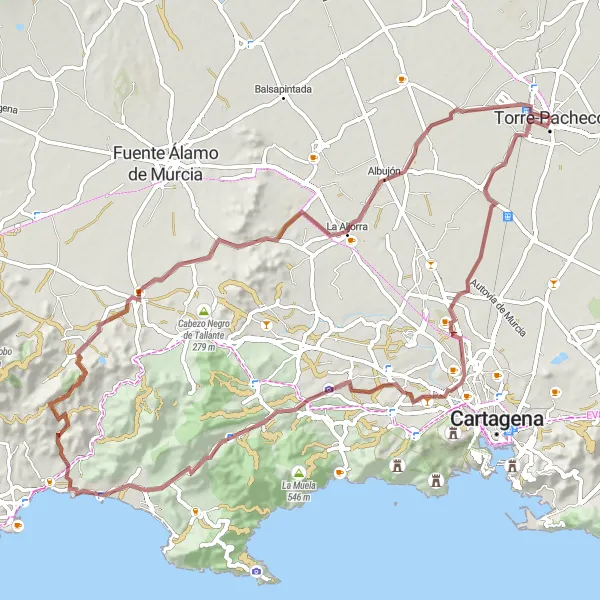 Miniature de la carte de l'inspiration cycliste "Exploration des Collines et des Villages" dans la Región de Murcia, Spain. Générée par le planificateur d'itinéraire cycliste Tarmacs.app