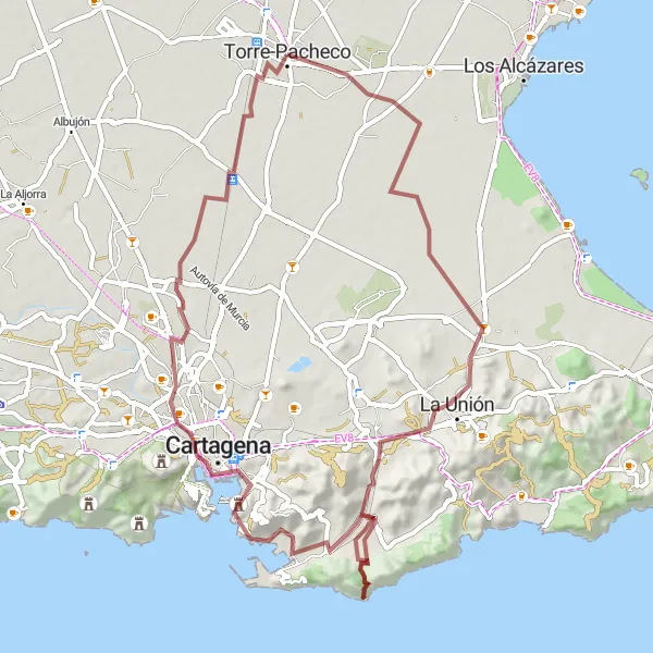 Map miniature of "Hidden Gems and Scenic Landscapes" cycling inspiration in Región de Murcia, Spain. Generated by Tarmacs.app cycling route planner