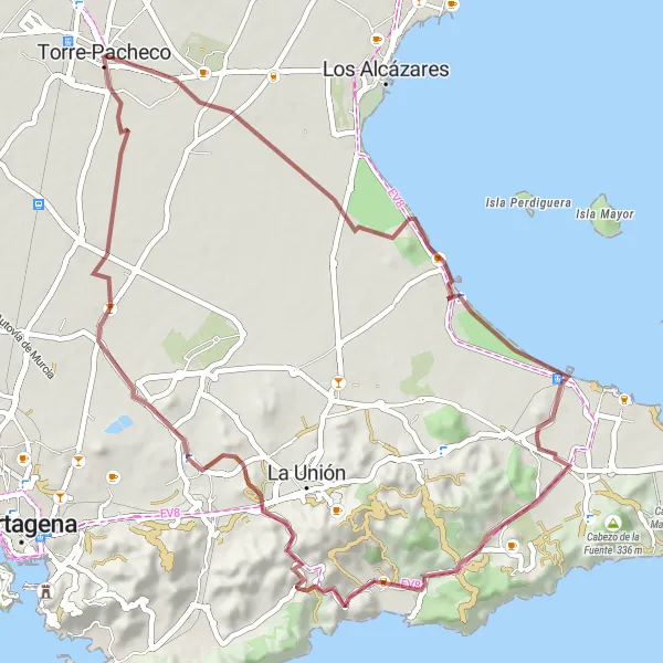 Miniaturní mapa "Gravelový okruh okolo Torre-Pacheco" inspirace pro cyklisty v oblasti Región de Murcia, Spain. Vytvořeno pomocí plánovače tras Tarmacs.app