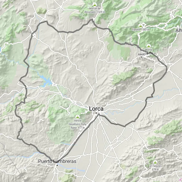 Miniatura della mappa di ispirazione al ciclismo "Avventura in bicicletta da Totana a Puerto Lumbreras" nella regione di Región de Murcia, Spain. Generata da Tarmacs.app, pianificatore di rotte ciclistiche