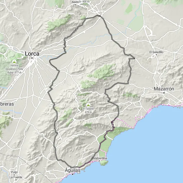 Miniatua del mapa de inspiración ciclista "Ruta en bicicleta de carretera desde Totana al águilas" en Región de Murcia, Spain. Generado por Tarmacs.app planificador de rutas ciclistas