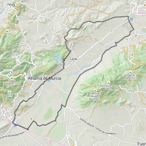 Miniatura della mappa di ispirazione al ciclismo "Esplorazione in bicicletta verso Sangonera la Seca" nella regione di Región de Murcia, Spain. Generata da Tarmacs.app, pianificatore di rotte ciclistiche