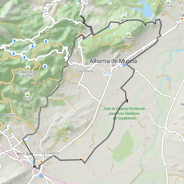 Map miniature of "Totana Countryside and Mirador de Alhama" cycling inspiration in Región de Murcia, Spain. Generated by Tarmacs.app cycling route planner