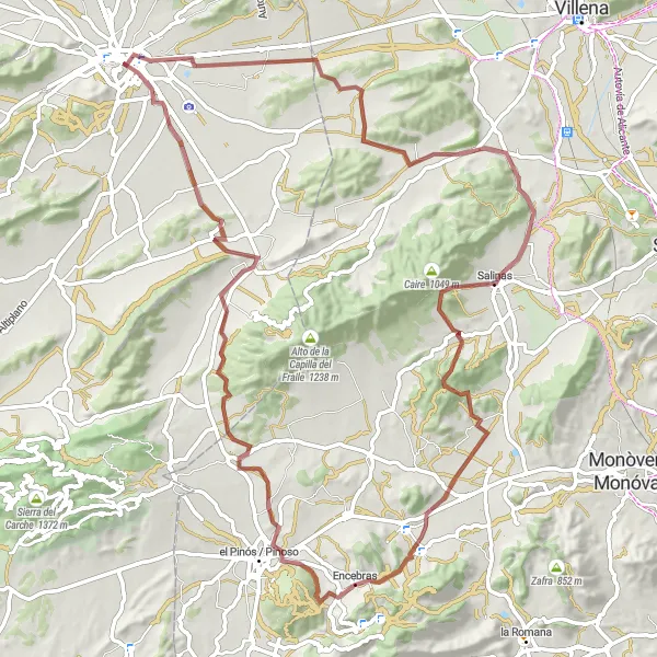 Map miniature of "Scenic Gravel Adventure to Salinas" cycling inspiration in Región de Murcia, Spain. Generated by Tarmacs.app cycling route planner