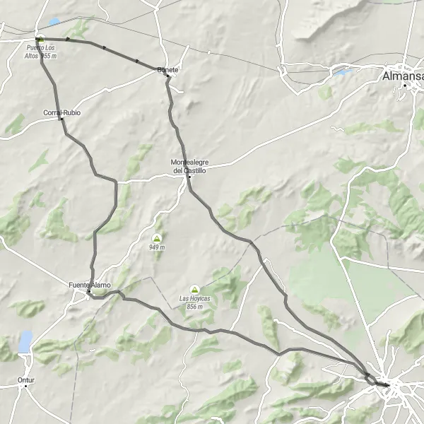 Miniaturní mapa "Cyklotrasa Fuente Álamo - Corral-Rubio - Puerto Los Altos - Bonete - Montealegre del Castillo" inspirace pro cyklisty v oblasti Región de Murcia, Spain. Vytvořeno pomocí plánovače tras Tarmacs.app