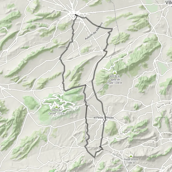 Map miniature of "Discover the Archeological Treasures: Yacimiento Arqueológico Los Torrejones to Yecla" cycling inspiration in Región de Murcia, Spain. Generated by Tarmacs.app cycling route planner