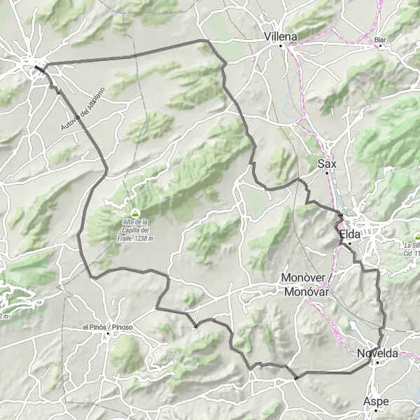 Map miniature of "Route from Yecla to Novelda" cycling inspiration in Región de Murcia, Spain. Generated by Tarmacs.app cycling route planner