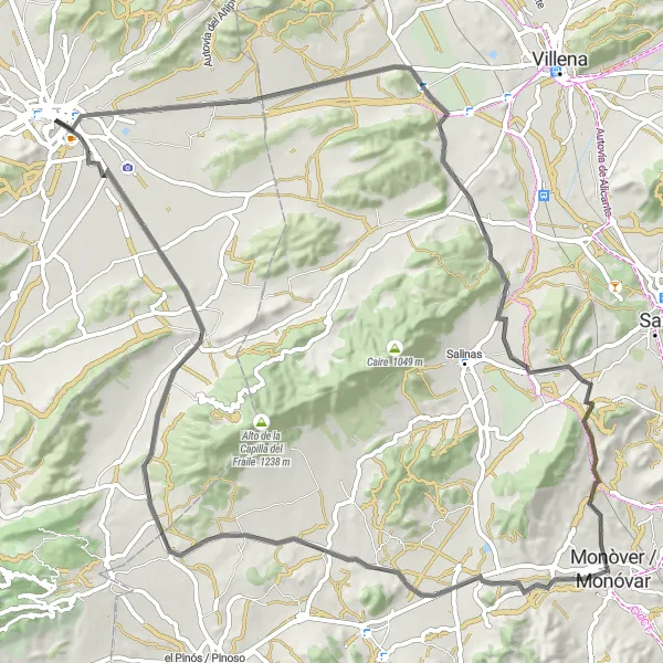 Map miniature of "Yecla Loop via Las Virtudes" cycling inspiration in Región de Murcia, Spain. Generated by Tarmacs.app cycling route planner