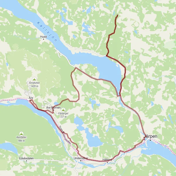 Map miniature of "Åre-Fäviken Gravel Adventure" cycling inspiration in Mellersta Norrland, Sweden. Generated by Tarmacs.app cycling route planner