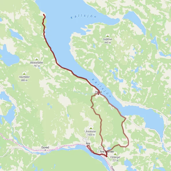 Map miniature of "Mountain Adventure: Åre to Huså" cycling inspiration in Mellersta Norrland, Sweden. Generated by Tarmacs.app cycling route planner