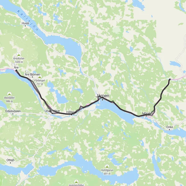 Map miniature of "Åre-Mörsil Road Adventure" cycling inspiration in Mellersta Norrland, Sweden. Generated by Tarmacs.app cycling route planner