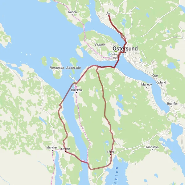 Kartminiatyr av "Fåker till Lugnvik via Oviken" cykelinspiration i Mellersta Norrland, Sweden. Genererad av Tarmacs.app cykelruttplanerare