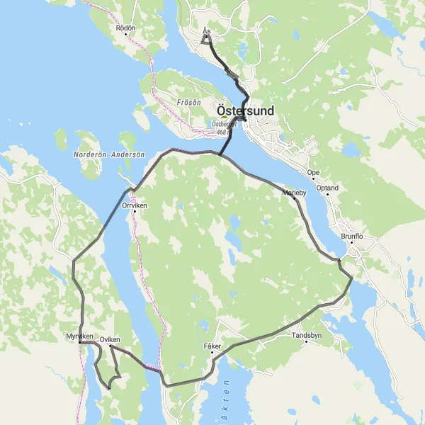 Kartminiatyr av "Cykelväg till Östersund via Knytta och Fåker" cykelinspiration i Mellersta Norrland, Sweden. Genererad av Tarmacs.app cykelruttplanerare