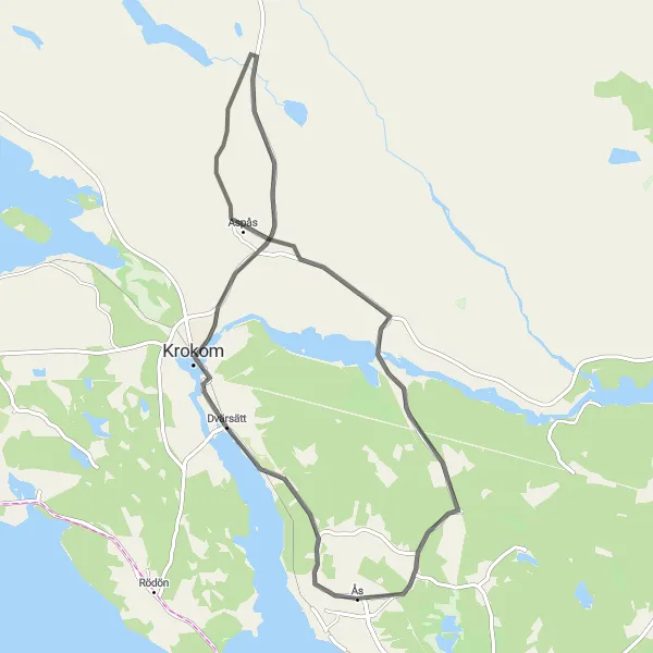 Map miniature of "Ås - Krokom - Gräfte - Trättgärde" cycling inspiration in Mellersta Norrland, Sweden. Generated by Tarmacs.app cycling route planner