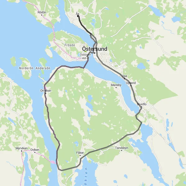 Kartminiatyr av "Brunflo till Orrviken via Fåker" cykelinspiration i Mellersta Norrland, Sweden. Genererad av Tarmacs.app cykelruttplanerare
