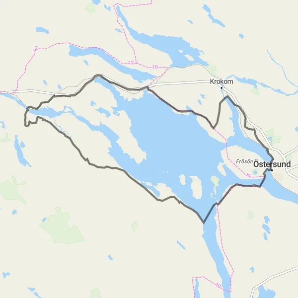 Map miniature of "Ås - Ockesjön - Mattmar - Ytterån - Vejmon - Högstalägden" cycling inspiration in Mellersta Norrland, Sweden. Generated by Tarmacs.app cycling route planner