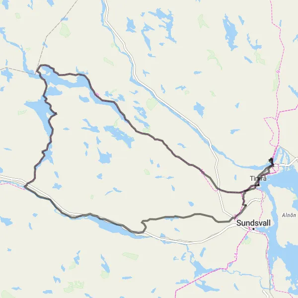 Kartminiatyr av "Utmanande väg genom Stödesjön och Kovland" cykelinspiration i Mellersta Norrland, Sweden. Genererad av Tarmacs.app cykelruttplanerare