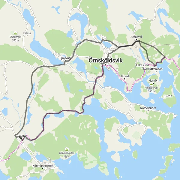 Map miniature of "Örnsköldsvik Loop" cycling inspiration in Mellersta Norrland, Sweden. Generated by Tarmacs.app cycling route planner