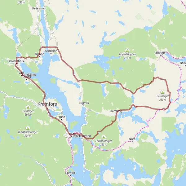 Kartminiatyr av "Grusväg runt Bollstabruk" cykelinspiration i Mellersta Norrland, Sweden. Genererad av Tarmacs.app cykelruttplanerare