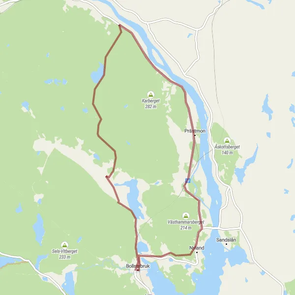 Kartminiatyr av "Grusväg till Ökne och Prästmon" cykelinspiration i Mellersta Norrland, Sweden. Genererad av Tarmacs.app cykelruttplanerare