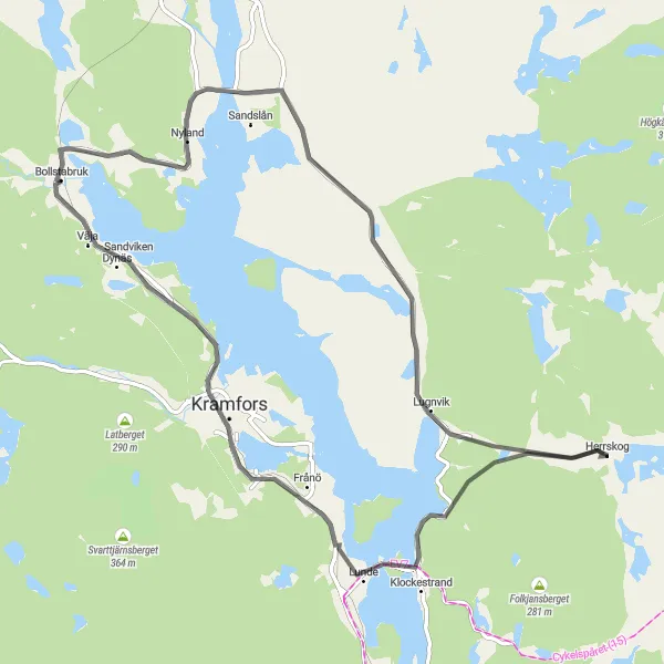 Map miniature of "Scenic Loop through Nyland and Lunde" cycling inspiration in Mellersta Norrland, Sweden. Generated by Tarmacs.app cycling route planner