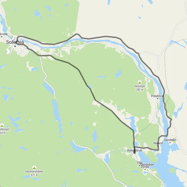 Map miniature of "Tjäll and Norrlands Scenic Road" cycling inspiration in Mellersta Norrland, Sweden. Generated by Tarmacs.app cycling route planner