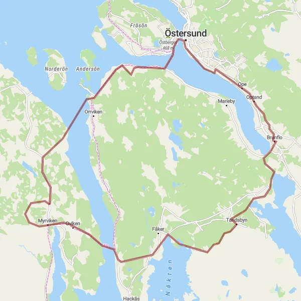 Kartminiatyr av "Grusvägstur till Oviken och Östersund" cykelinspiration i Mellersta Norrland, Sweden. Genererad av Tarmacs.app cykelruttplanerare