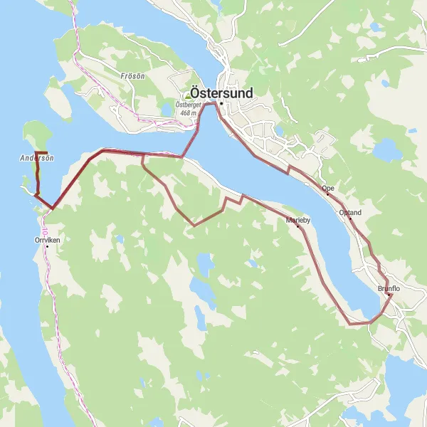 Map miniature of "Östersund and Marieby Gravel Adventure" cycling inspiration in Mellersta Norrland, Sweden. Generated by Tarmacs.app cycling route planner