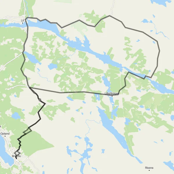 Kartminiatyr av "Rundväg i närheten av Brunflo" cykelinspiration i Mellersta Norrland, Sweden. Genererad av Tarmacs.app cykelruttplanerare