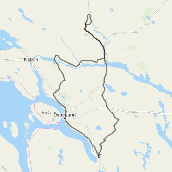 Map miniature of "The Scenic Road of Östersund" cycling inspiration in Mellersta Norrland, Sweden. Generated by Tarmacs.app cycling route planner