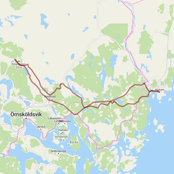 Map miniature of "Husum - Klingreberget - Arnäsvall - Stenberget Round-trip" cycling inspiration in Mellersta Norrland, Sweden. Generated by Tarmacs.app cycling route planner