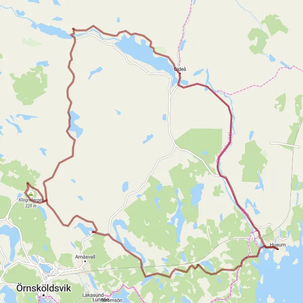 Map miniature of "Husum-Faresta-Klingreberget-Gideå-Husum" cycling inspiration in Mellersta Norrland, Sweden. Generated by Tarmacs.app cycling route planner