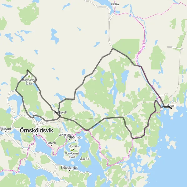 Kartminiatyr av "Arnäsvall till Stenberget cykeltur" cykelinspiration i Mellersta Norrland, Sweden. Genererad av Tarmacs.app cykelruttplanerare