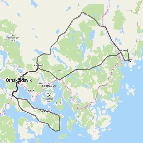 Map miniature of "Örnsköldsvik Escape" cycling inspiration in Mellersta Norrland, Sweden. Generated by Tarmacs.app cycling route planner