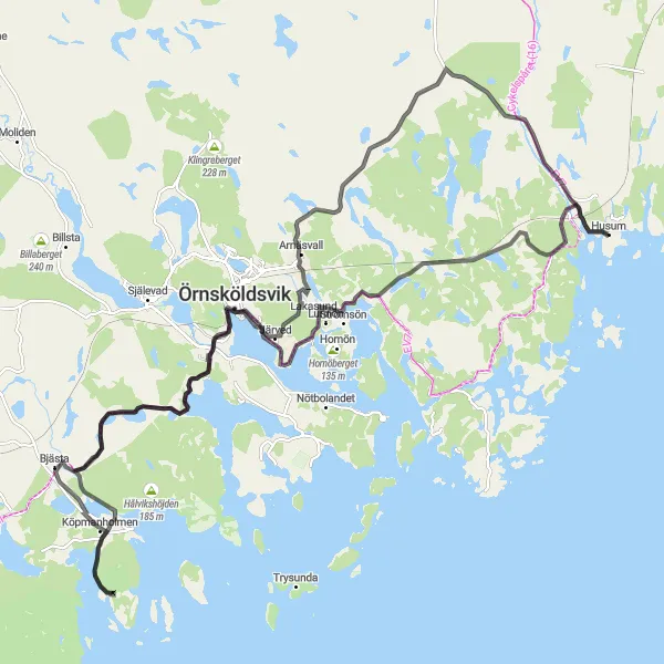 Map miniature of "Husum - Arnäsvall - Köpmanholmen - Örnsköldsvik Round-trip" cycling inspiration in Mellersta Norrland, Sweden. Generated by Tarmacs.app cycling route planner