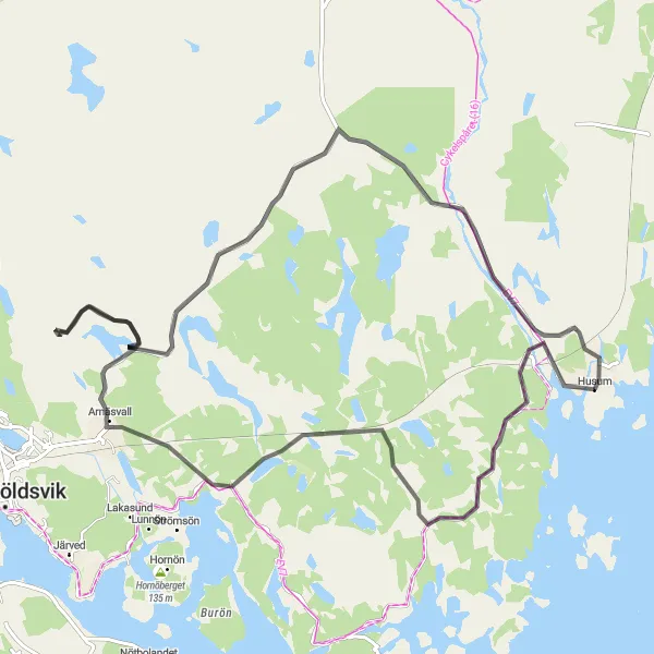 Map miniature of "Husum-Stenberget-Arnäsvall-Faresta-Husum" cycling inspiration in Mellersta Norrland, Sweden. Generated by Tarmacs.app cycling route planner
