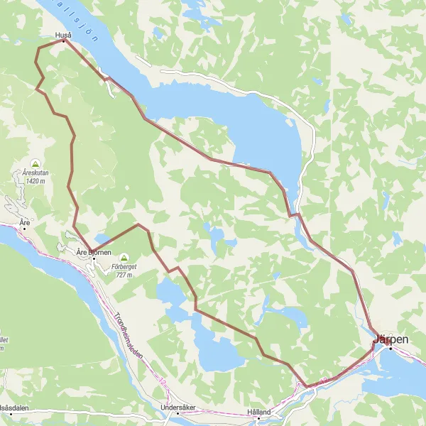 Map miniature of "Serene Gravel Trail in Järpen Region" cycling inspiration in Mellersta Norrland, Sweden. Generated by Tarmacs.app cycling route planner