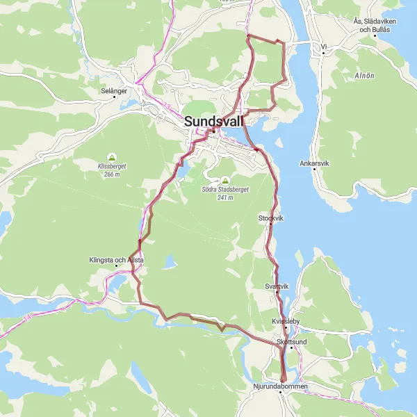 Map miniature of "Sundsvallsfjärden Gravel Adventure" cycling inspiration in Mellersta Norrland, Sweden. Generated by Tarmacs.app cycling route planner