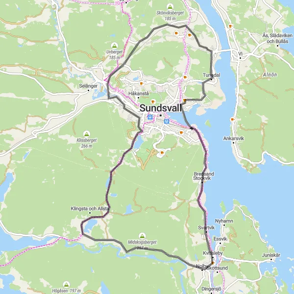 Map miniature of "Johannedal - Sundsvallsfjärden Loop" cycling inspiration in Mellersta Norrland, Sweden. Generated by Tarmacs.app cycling route planner
