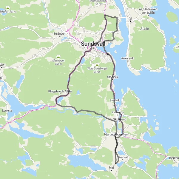 Kartminiatyr av "Kuperade Terränger och Kustskönhet" cykelinspiration i Mellersta Norrland, Sweden. Genererad av Tarmacs.app cykelruttplanerare