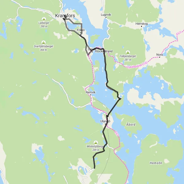 Map miniature of "Road Cycling through Utansjö and Frånö" cycling inspiration in Mellersta Norrland, Sweden. Generated by Tarmacs.app cycling route planner